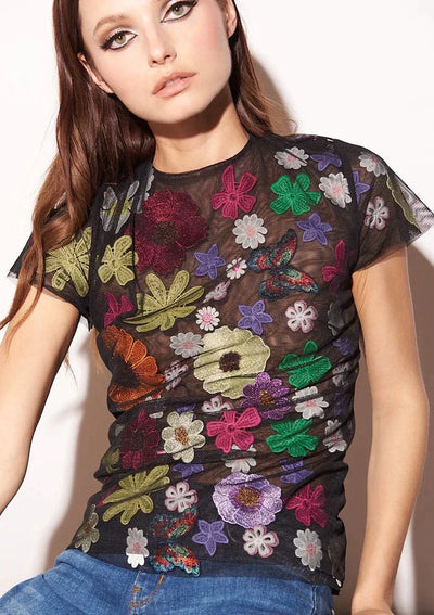 The Pink Door Flower Bomb Mesh Top - Black/Multi