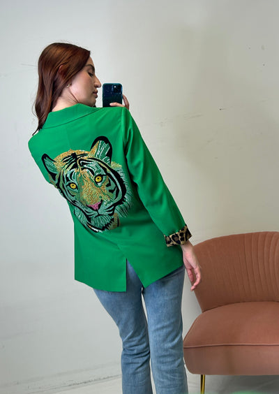 The Pink Door Sparkle Tiger Back Detail Blazer - Green