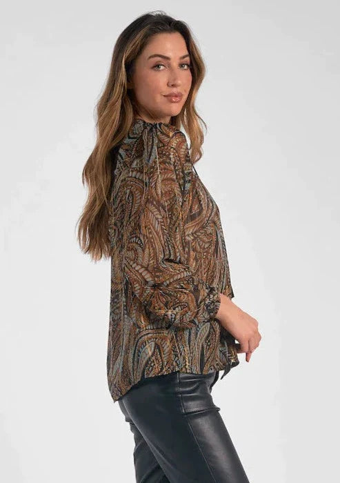 Elan L/S V-neck Paisley Print Blouse - Bronze