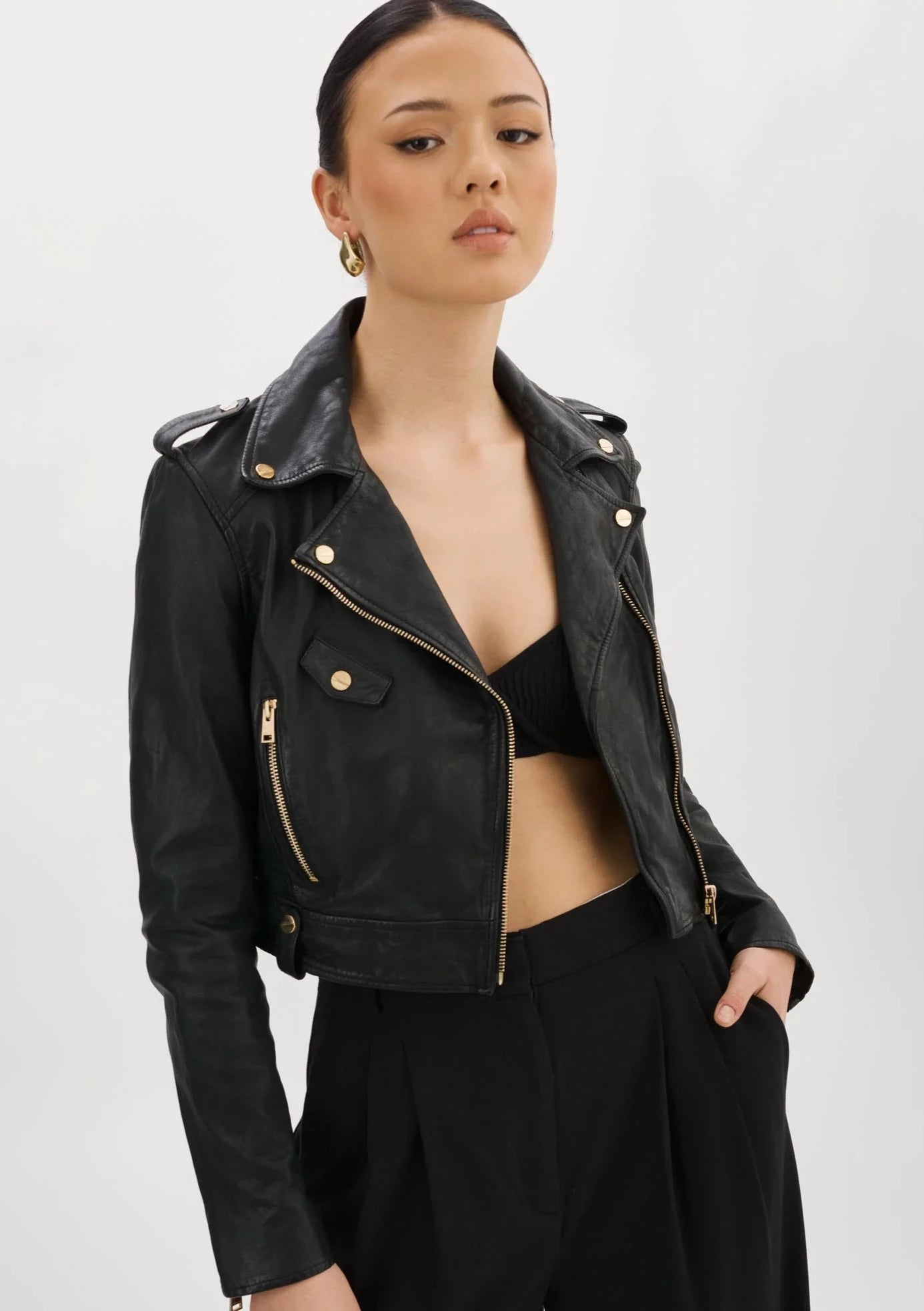 Lamarque Ciara Leather Biker Jacket w/ Gold Hardware - Black