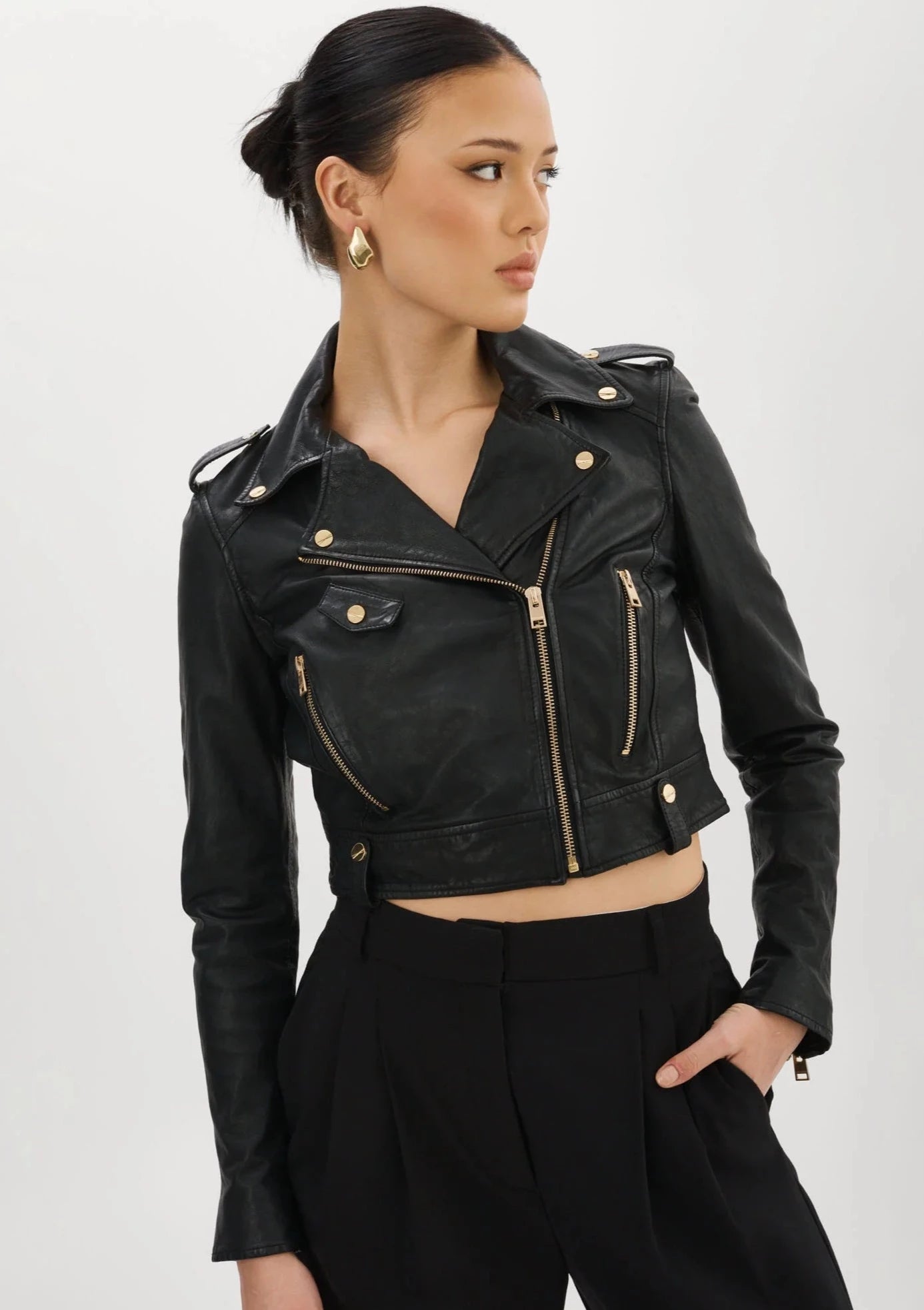 Lamarque Ciara Leather Biker Jacket w/ Gold Hardware - Black