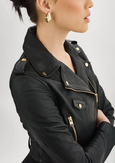 Lamarque Ciara Leather Biker Jacket w/ Gold Hardware - Black