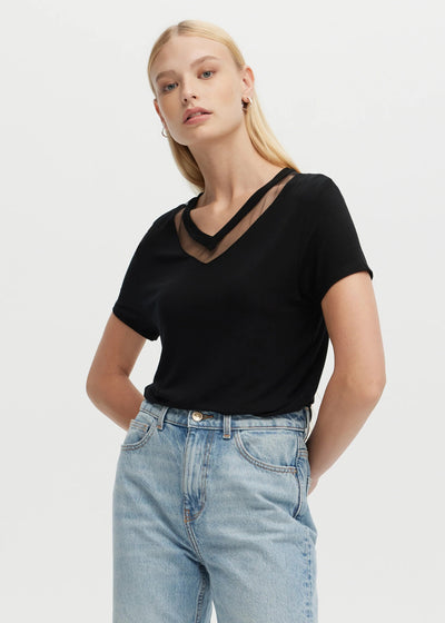 CHRLDR Tulle Insert V Neck Fitted T Shirt - Black