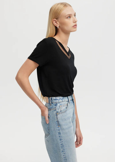 CHRLDR Tulle Insert V Neck Fitted T Shirt - Black