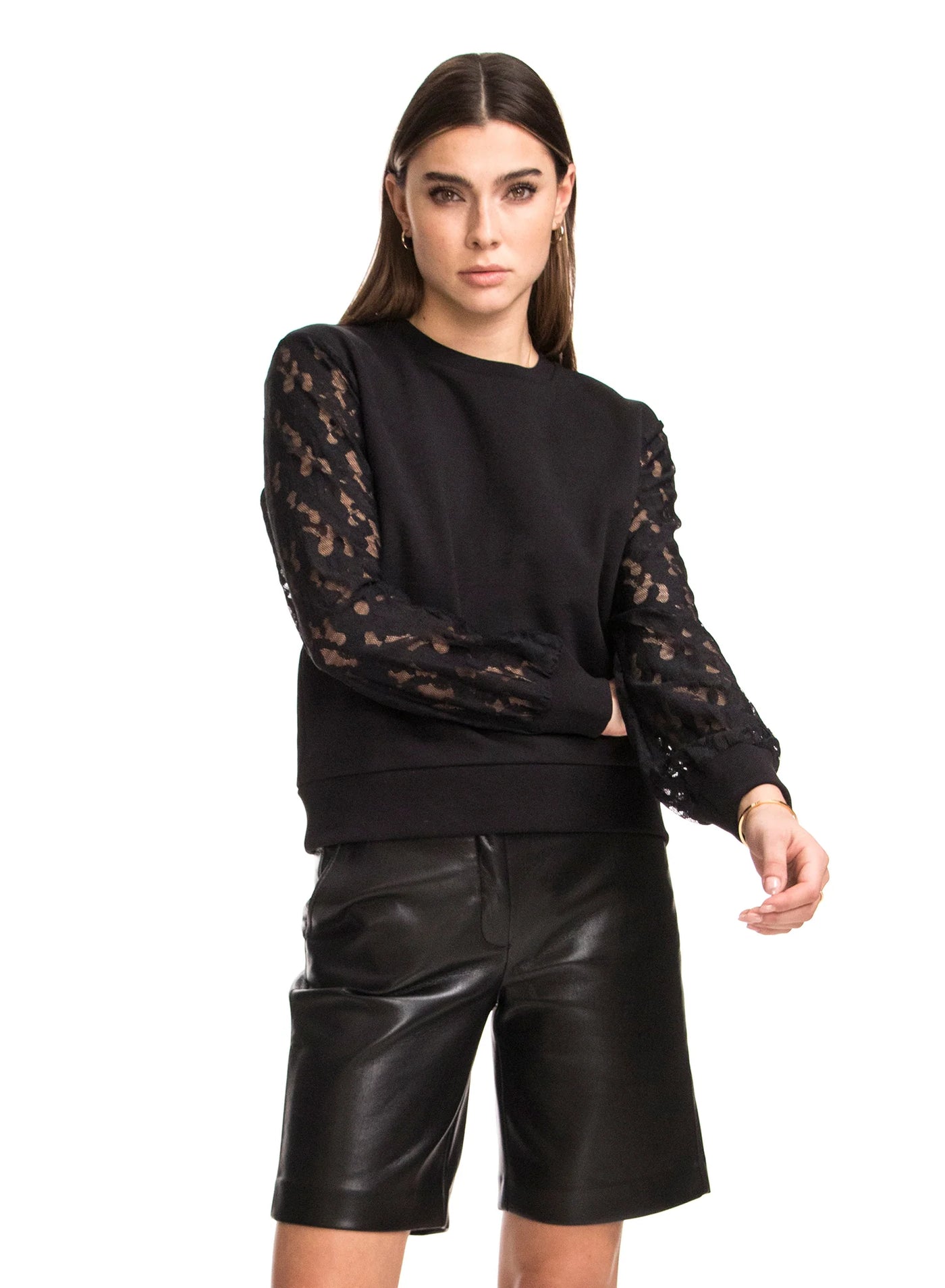 CHRLDR Felicia Crochet Sleeve Black Lounge Top