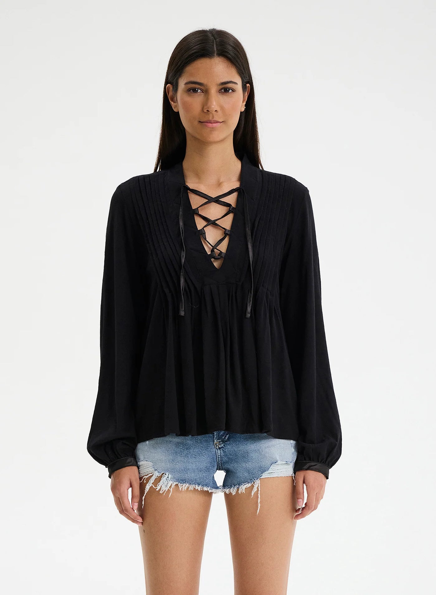 CHRLDR Helga Pleated Lace Up L/S Top - Black