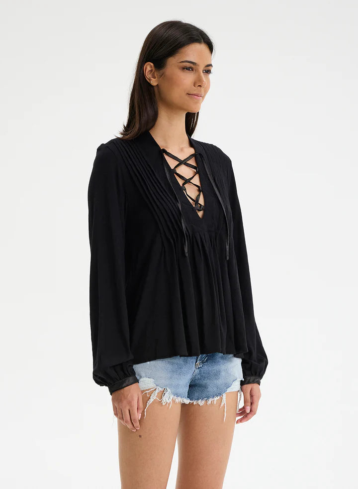 CHRLDR Helga Pleated Lace Up L/S Top - Black