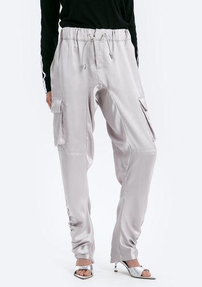 CHRLDR Piper Ruched Bottom Satin Pants - Silver