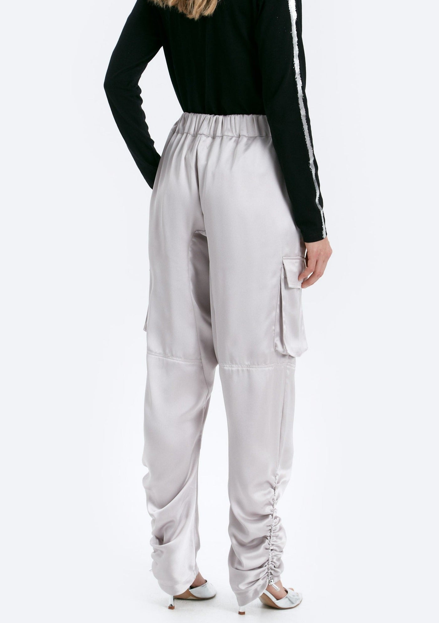 CHRLDR Piper Ruched Bottom Satin Pants - Silver