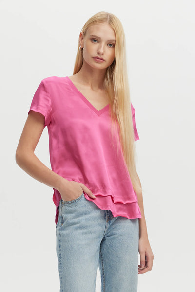 CHRLDR Ava V Neck Mock Layer T Shirt - Cerise