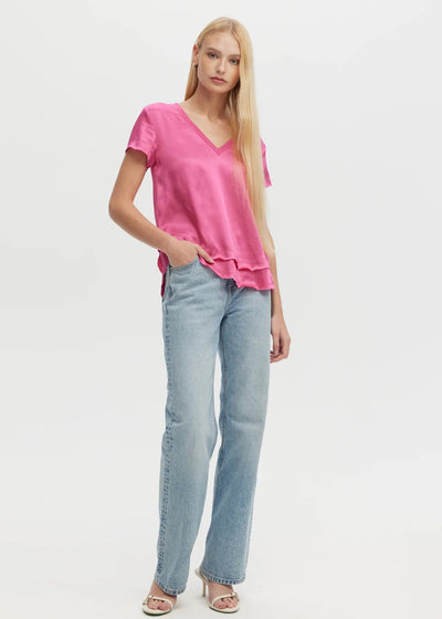 CHRLDR Ava V Neck Mock Layer T Shirt - Cerise