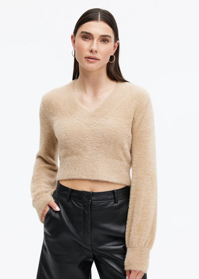 CHRLDR Marina V-neck Fuzzy Sweater Camel