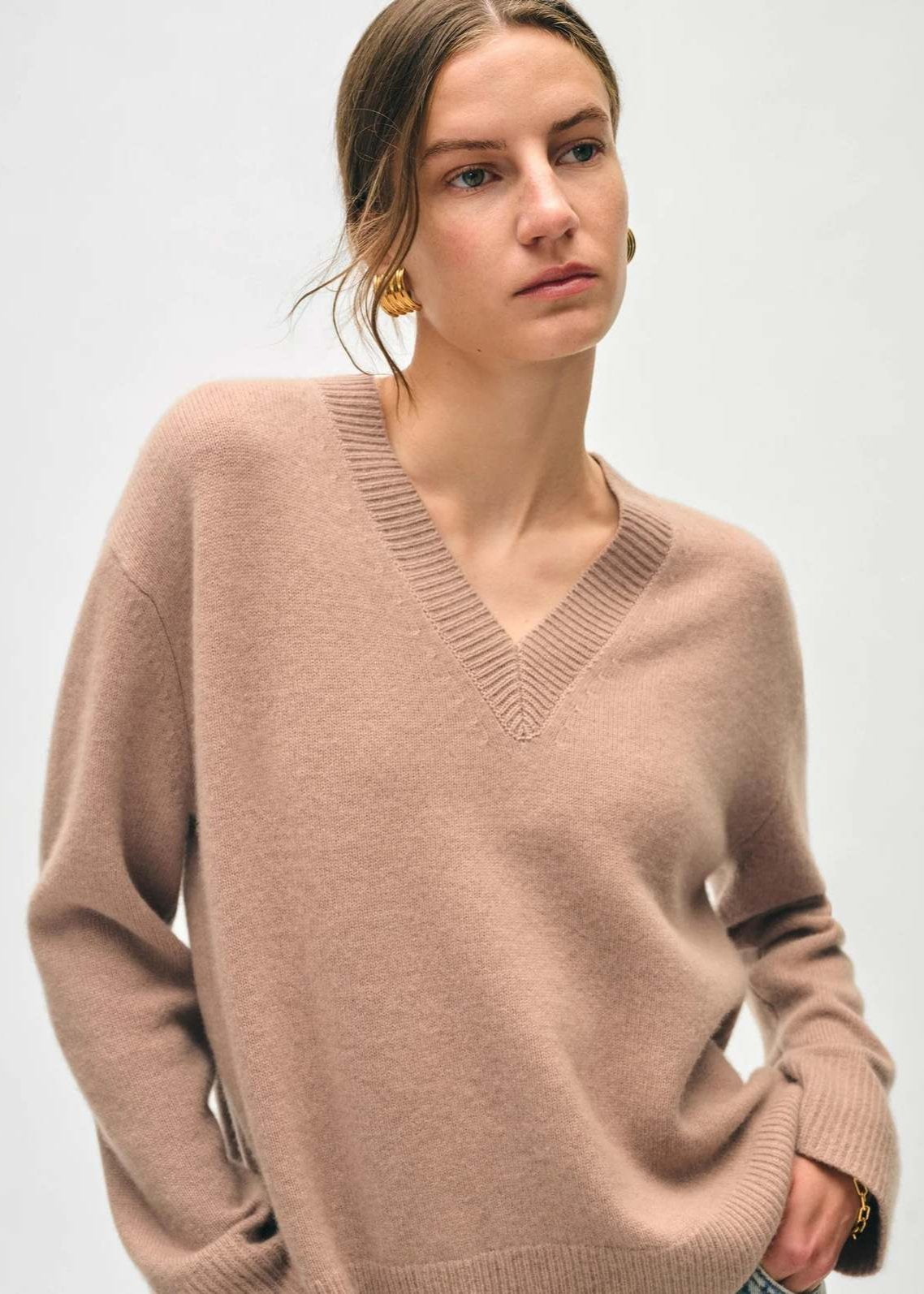 White + Warren Cashmere Rib Trim V-neck Camel