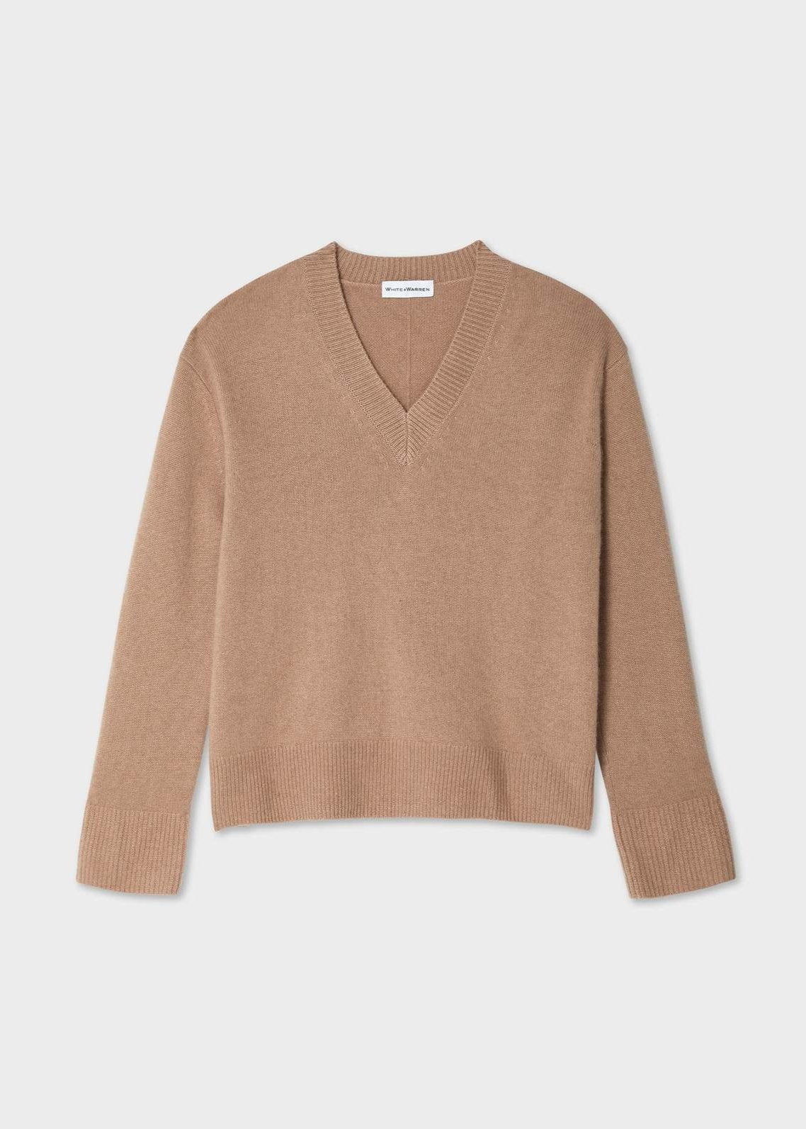 White + Warren Cashmere Rib Trim V-neck Camel