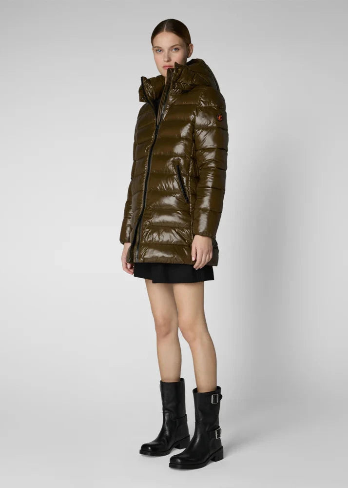 Save The Duck Marjorie High Gloss Hooded Coat - Military