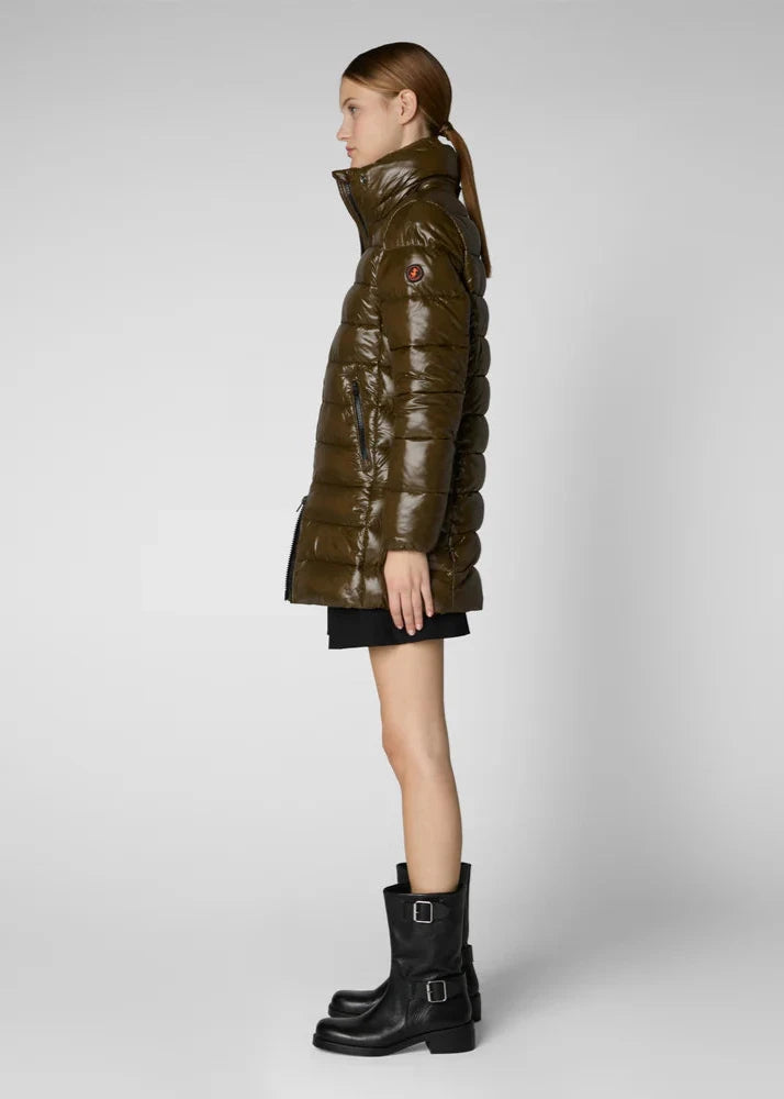 Save The Duck Marjorie High Gloss Hooded Coat - Military