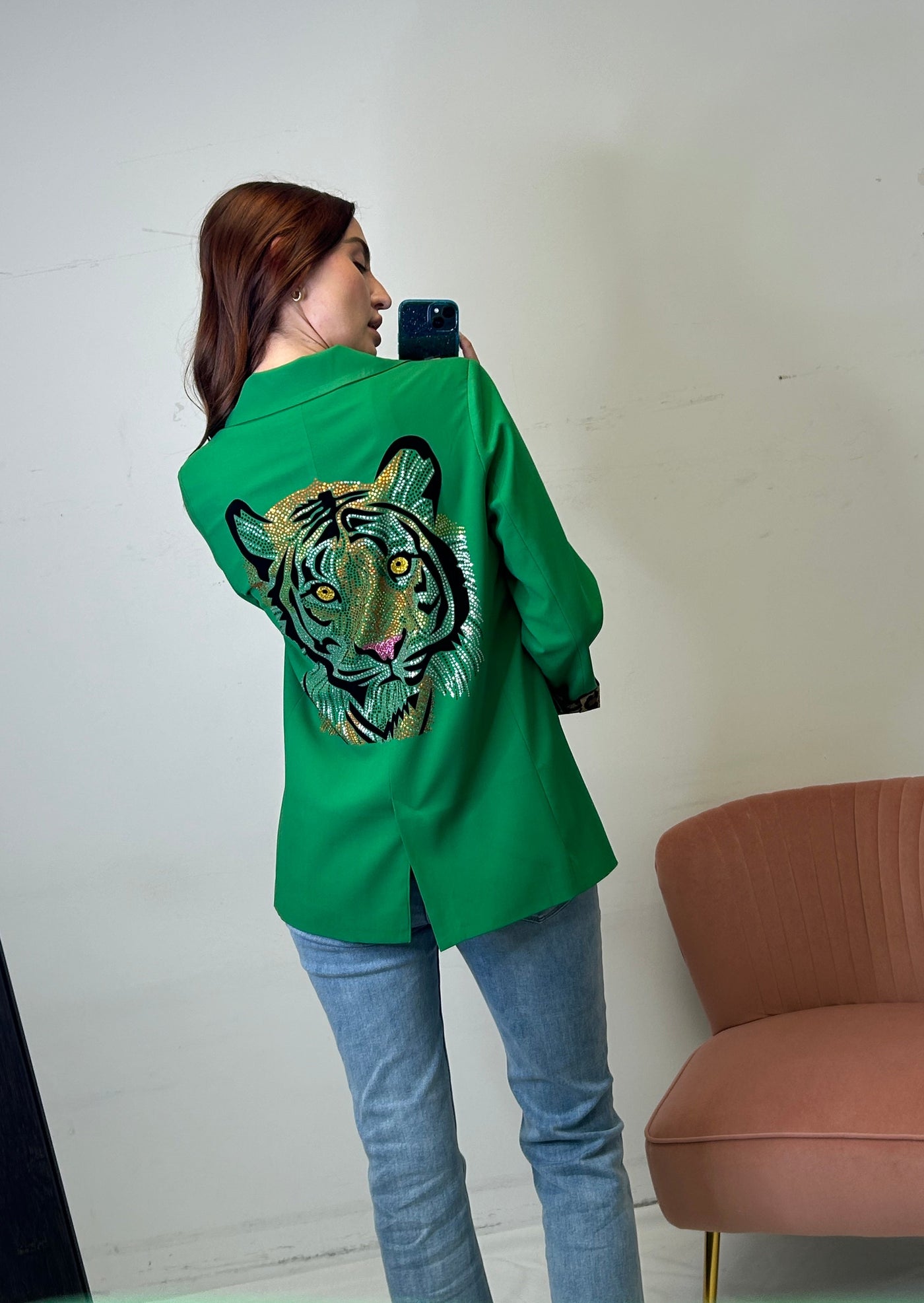 The Pink Door Sparkle Tiger Back Detail Blazer - Green