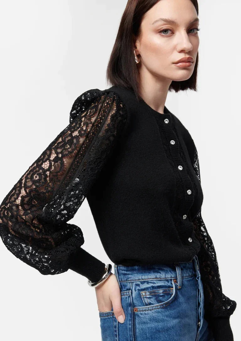 CAMI Lita Lace Sweater w/ Crystal Buttons - Black