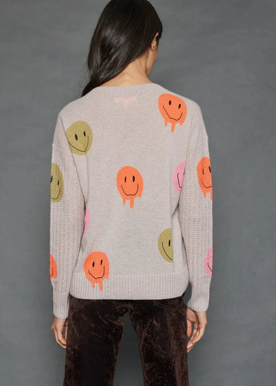 Lisa Todd Mood Check Cashmere V-Neck Sweater w Pointelle Details & Happy Face Peint - Birch