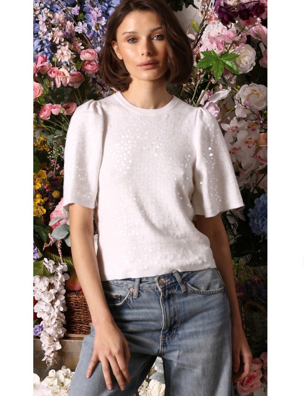 MINNIE ROSE All Over Sequin Flared S/S Knit Top - White