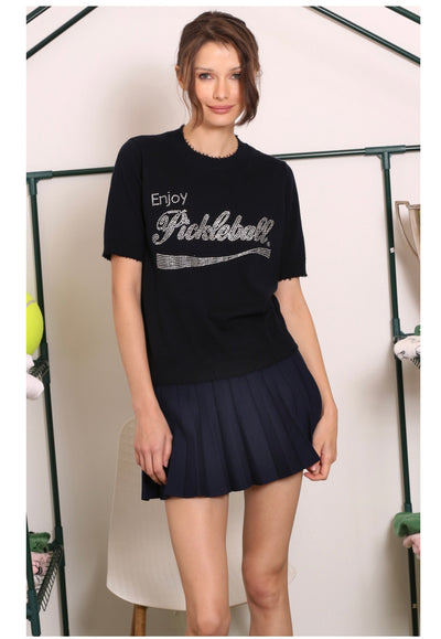 MINNIE ROSE “Enjoy Pickleball” Bling Frayed Edge Tee - Navy