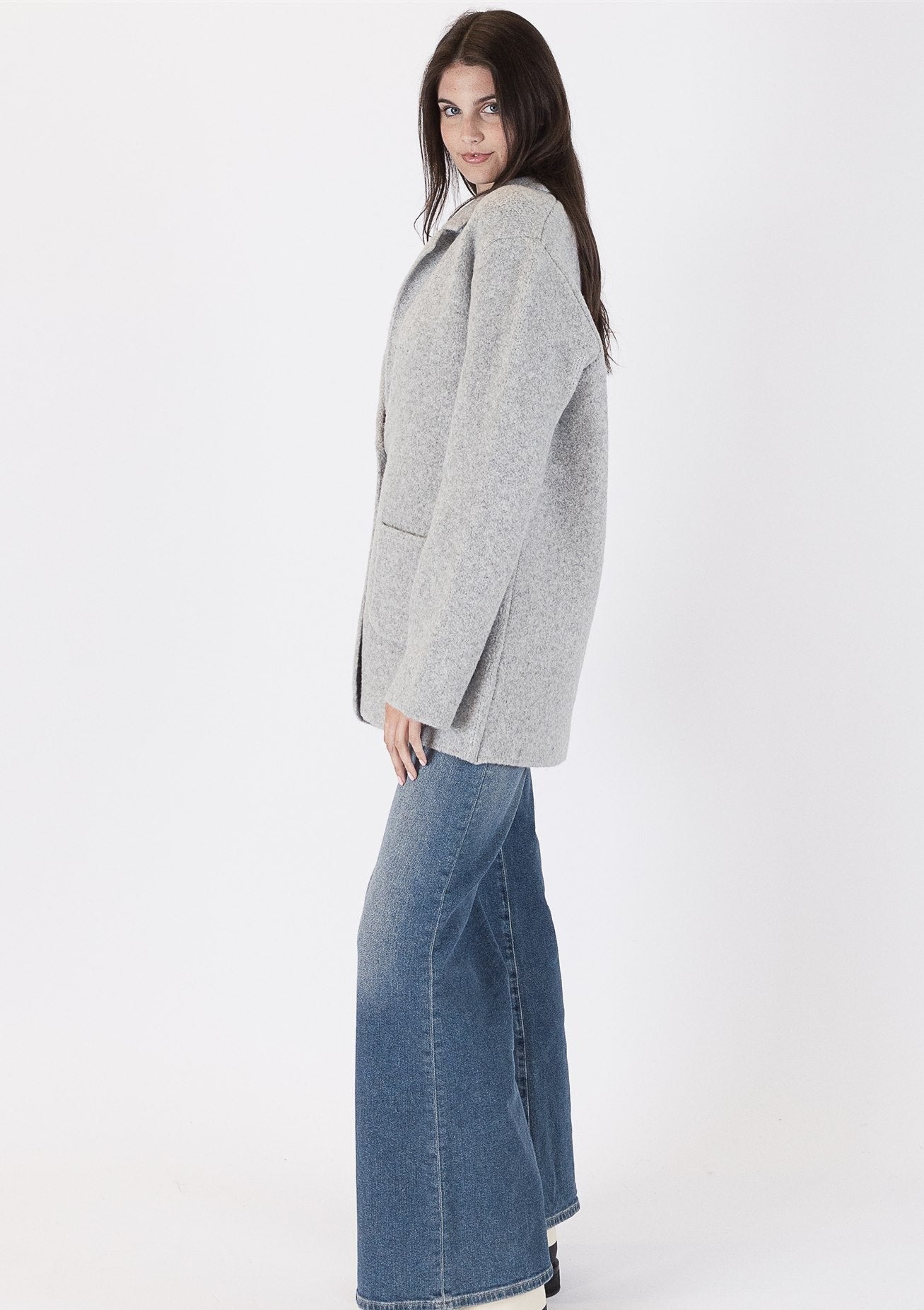 The Pink Door Knit Oversized Blazer - Light Grey