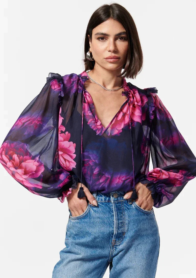 CAMI Sandy Chiffon Blouse w/ Ruffle Detailing - Electric Floral