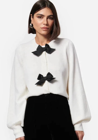 CAMI Tess Knit Cardigan w/ Black Bow Detailing - Ceramic