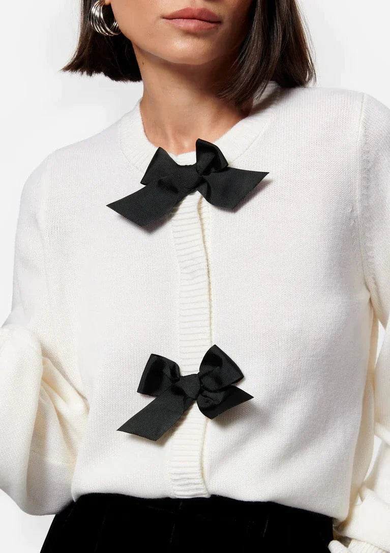 CAMI Tess Knit Cardigan w/ Black Bow Detailing - Ceramic