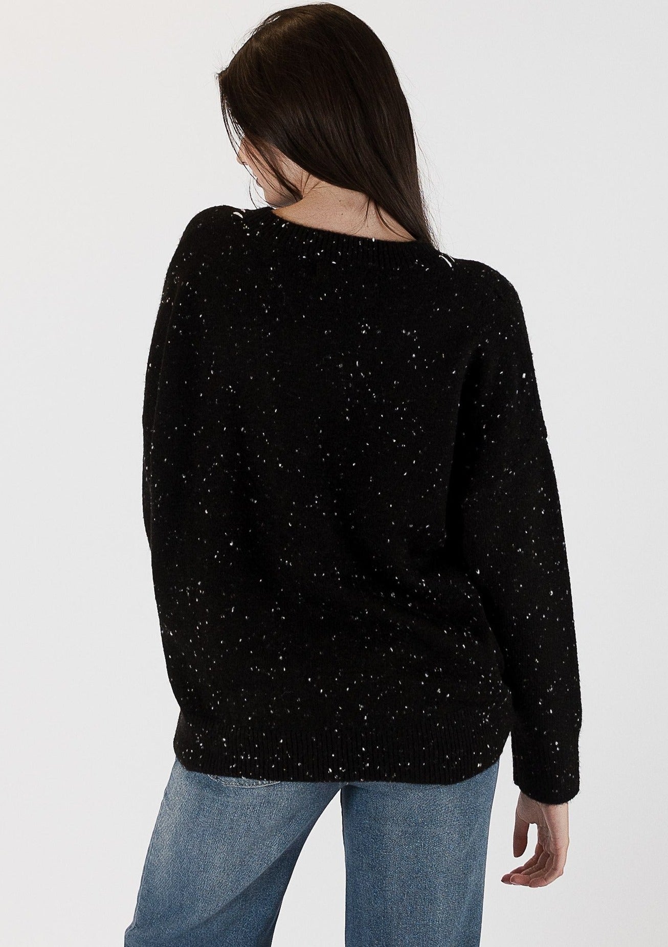 The Pink Door Crew Neck Sweater w/ Heart Detail - Black Fleck