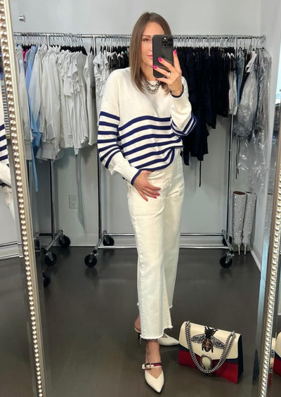 WISPR Brynn Striped Light Knit Sweater - White/Navy