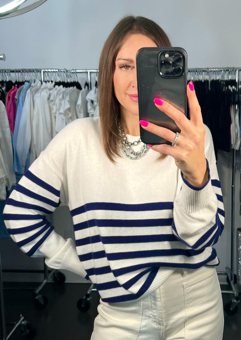 WISPR Brynn Striped Light Knit Sweater - White/Navy