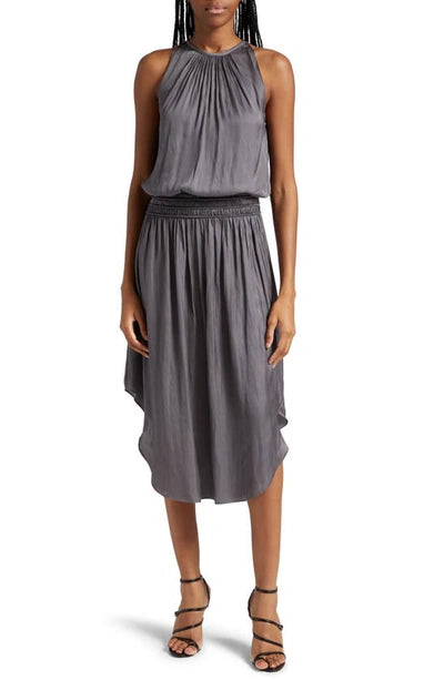 Ramy Brook Audrey Shiny Smocked High Neck Midi Dress - Grey