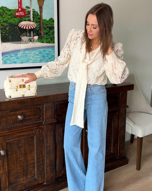 The Pink Door Lace Pouf Sleeve Bow Blouse Ivory