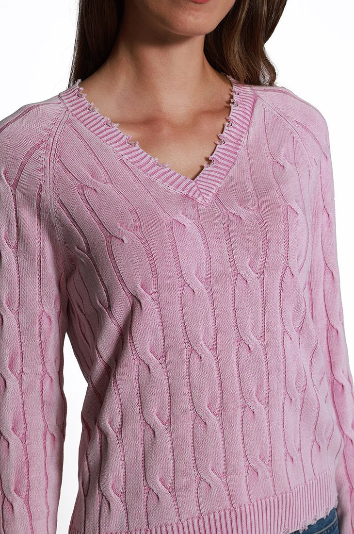 MINNIE ROSE Frayed Cotton Cable V-Neck - Pink