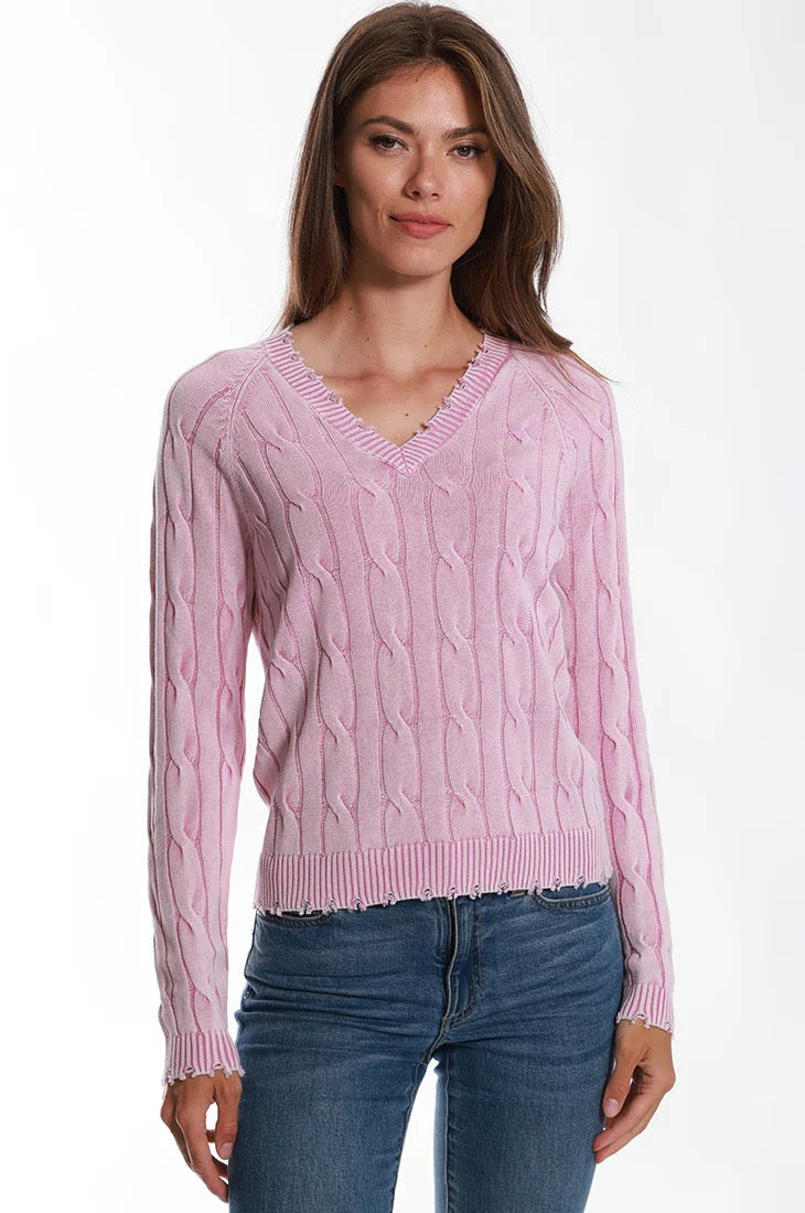 MINNIE ROSE Frayed Cotton Cable V-Neck - Pink