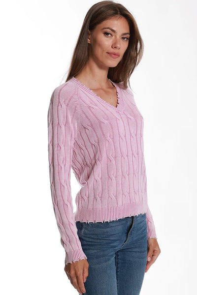 MINNIE ROSE Frayed Cotton Cable V-Neck - Pink