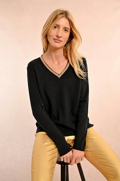 Molly Bracken Gold Trim V-neck Sweater Black