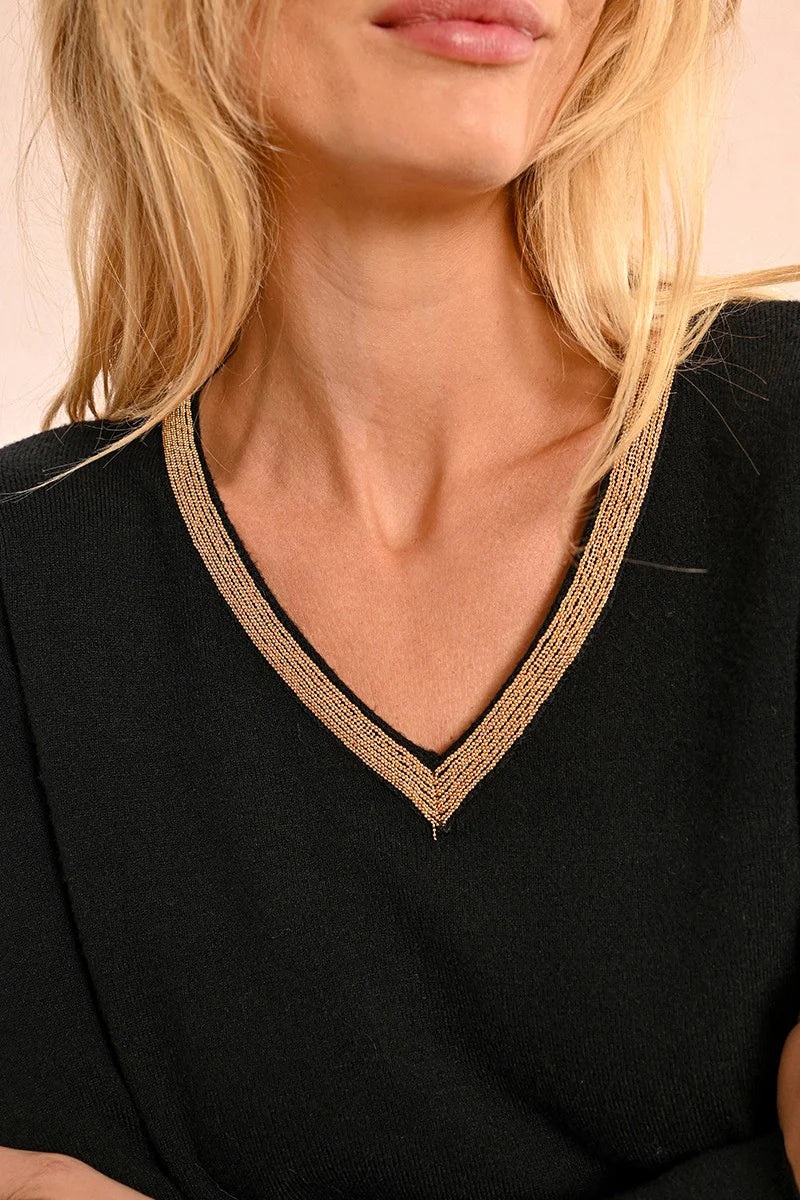 Molly Bracken Gold Trim V-neck Sweater Black