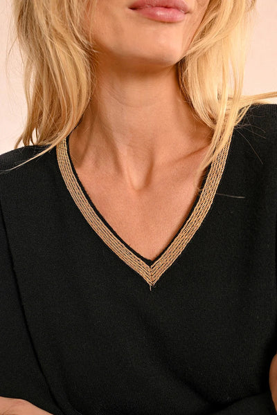 Molly Bracken Gold Trim V-neck Sweater Black