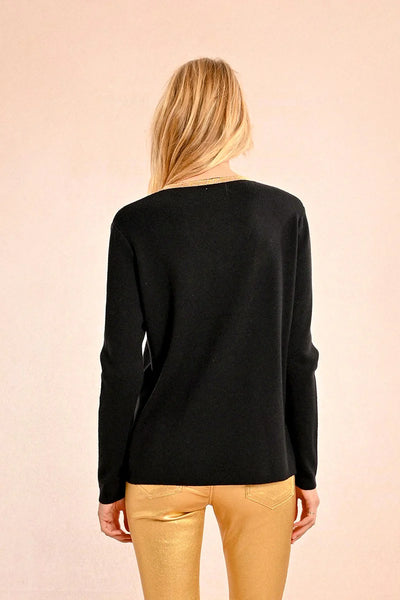 Molly Bracken Gold Trim V-neck Sweater Black