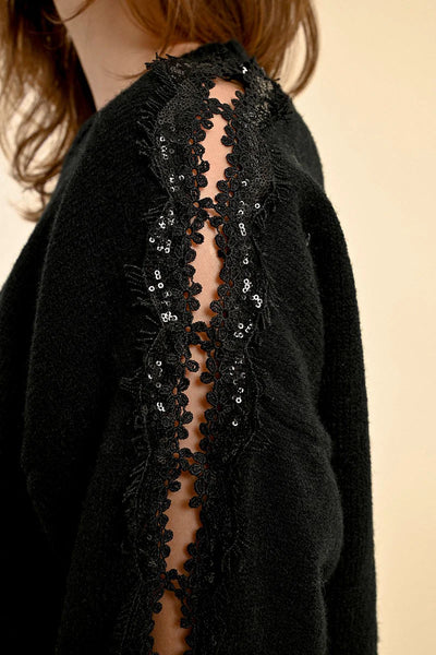 Molly Bracken Lace Insert Sleeve Sweater Black