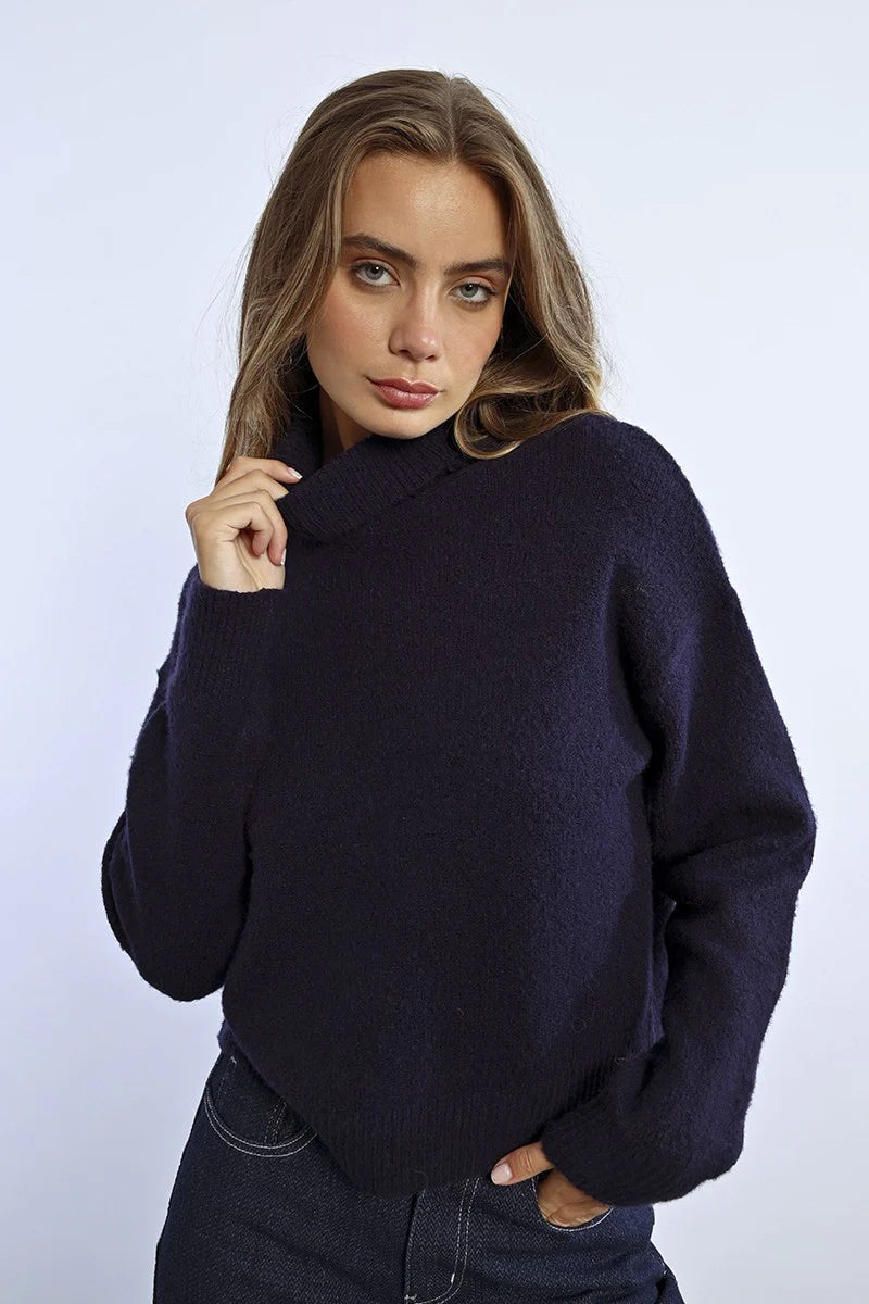 Molly Bracken Chunky Basic Turtleneck Sweater Navy