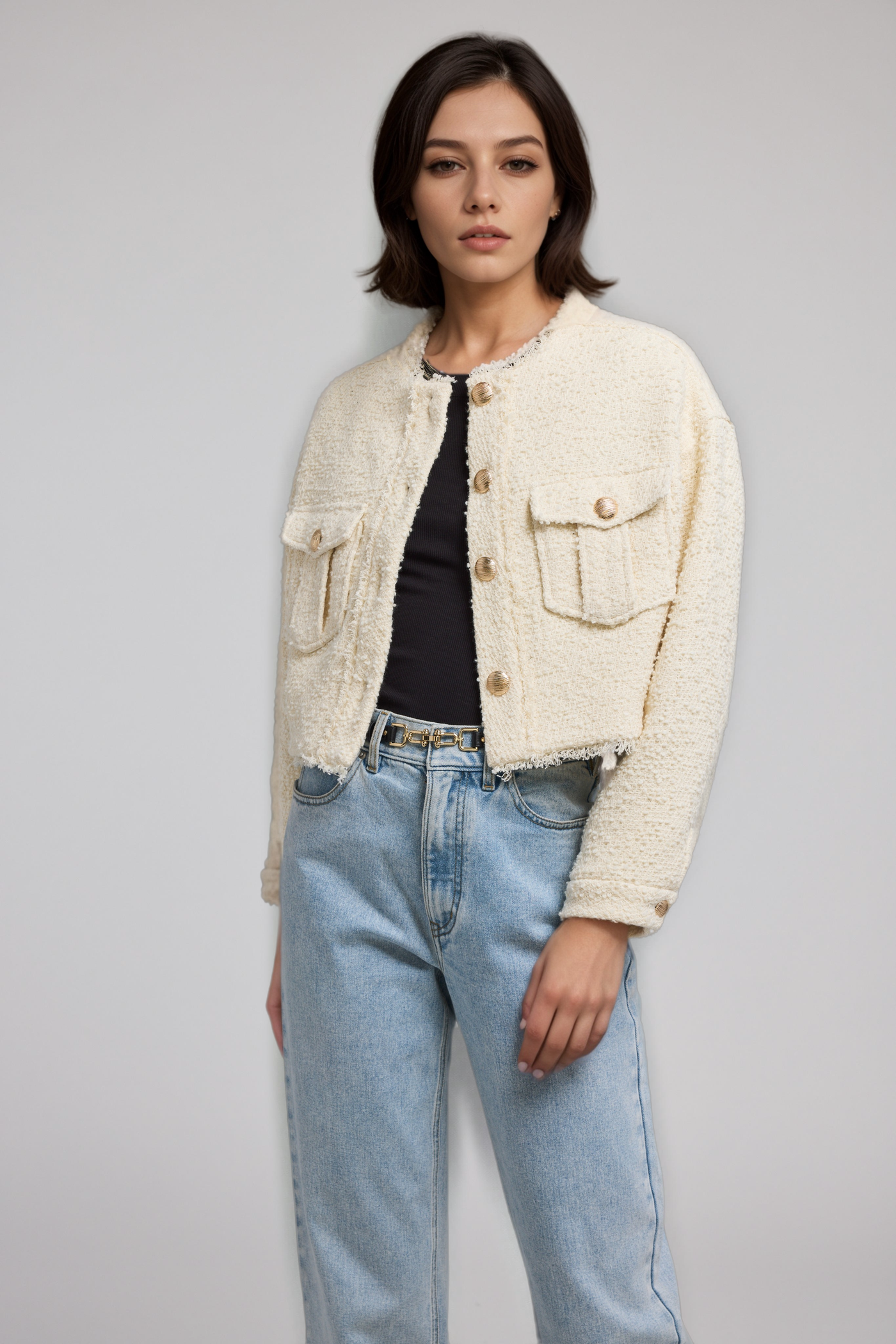 Generation Love Emille Tweed Bomber Jacket Cream