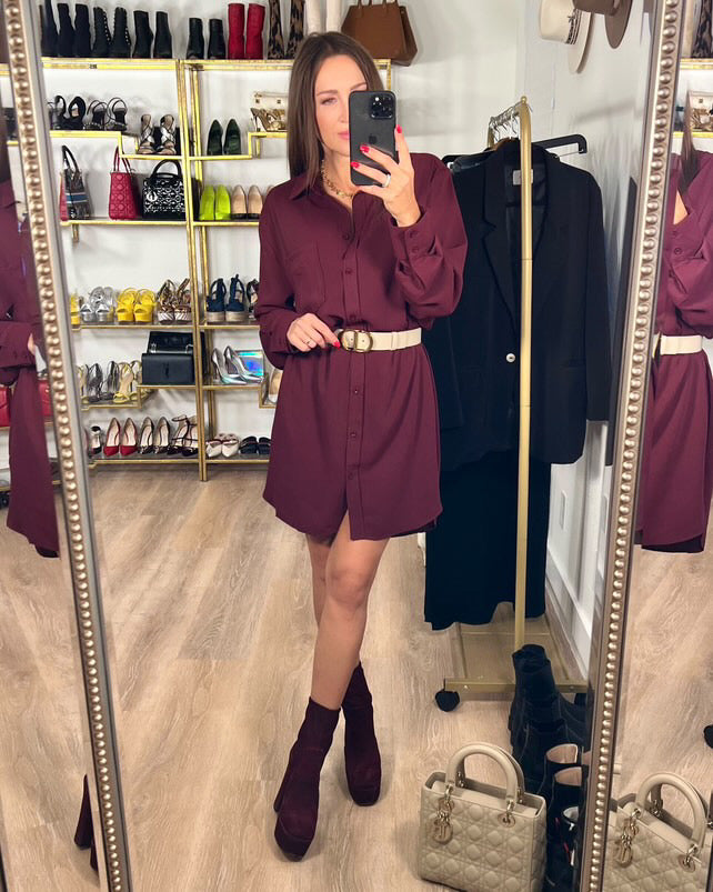 The Pink Door Essential Shirt Dress Burgundy