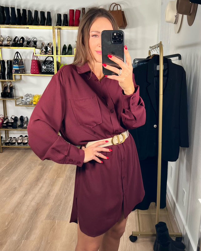 The Pink Door Essential Shirt Dress Burgundy