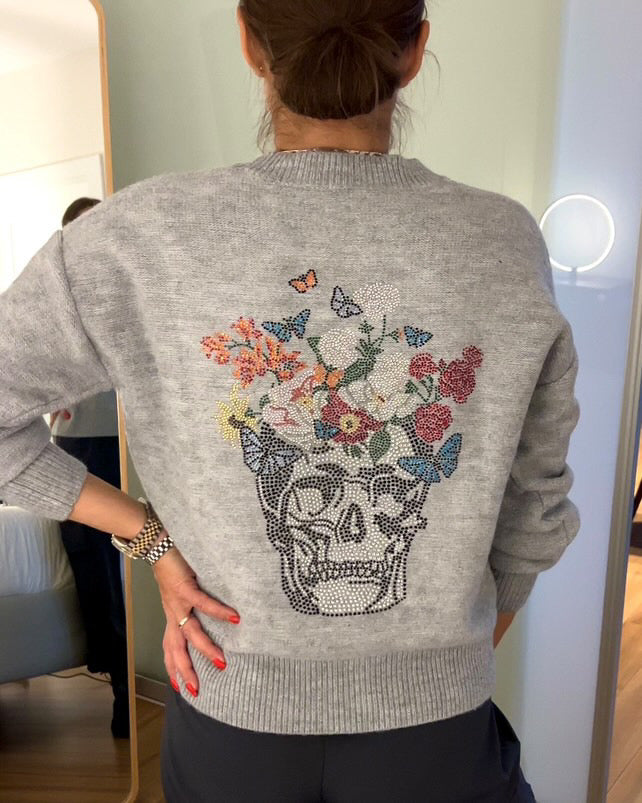 The Pink Door Sparkle Skull & Flowers Sweater Grey