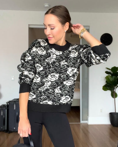 Lyla & Luxe Rose Print Crewneck Sweater Black/White