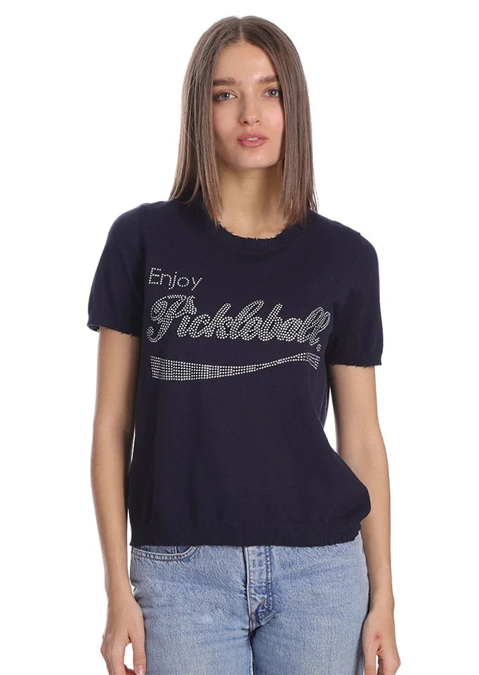 MINNIE ROSE “Enjoy Pickleball” Bling Frayed Edge Tee - Navy