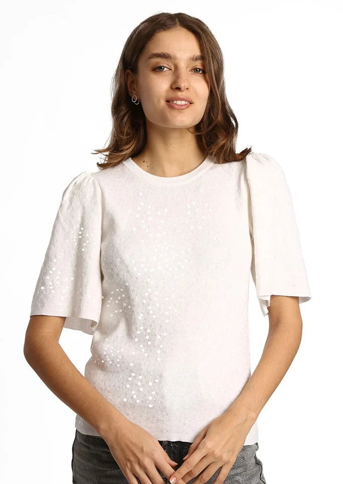 MINNIE ROSE All Over Sequin Flared S/S Knit Top - White